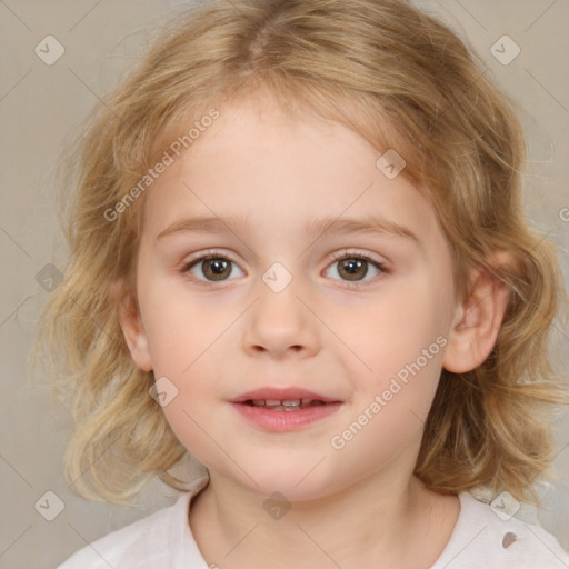 Joyful white child female with medium  brown hair and brown eyes