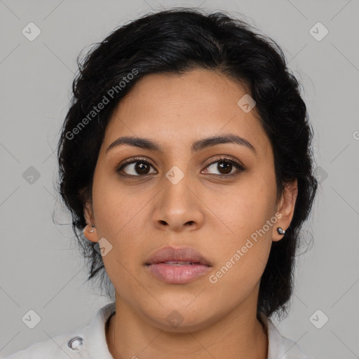 Neutral asian young-adult female with medium  brown hair and brown eyes