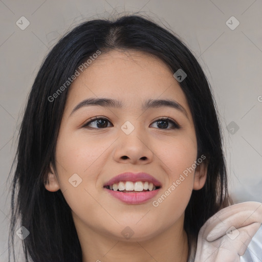 Joyful asian young-adult female with medium  black hair and brown eyes