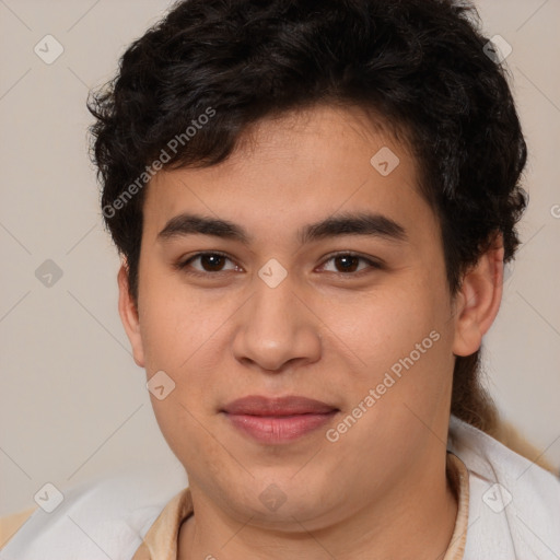 Joyful latino young-adult male with short  brown hair and brown eyes