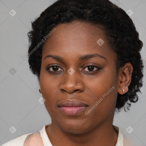 Neutral black young-adult female with short  black hair and brown eyes