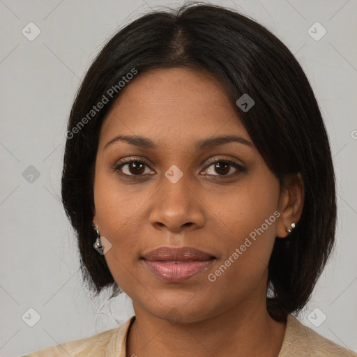 Joyful black young-adult female with medium  brown hair and brown eyes