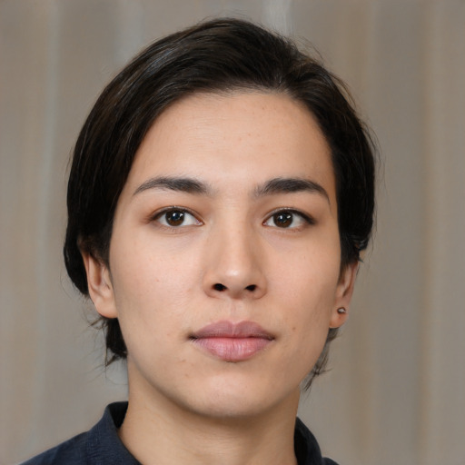 Neutral asian young-adult female with medium  black hair and brown eyes