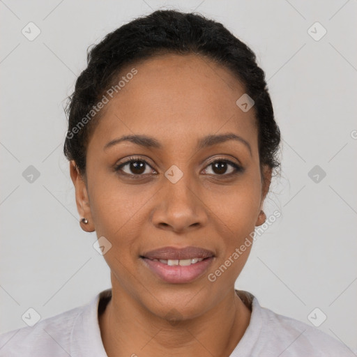 Joyful latino young-adult female with short  black hair and brown eyes