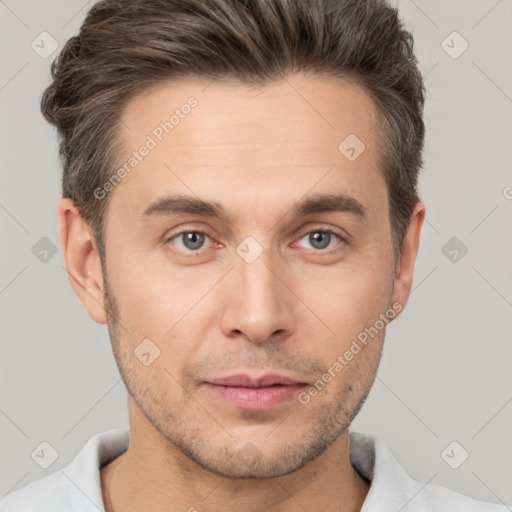 Neutral white adult male with short  brown hair and brown eyes