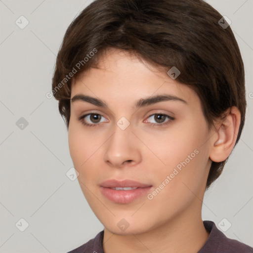 Neutral white young-adult female with short  brown hair and brown eyes