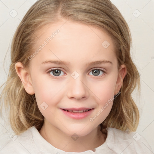 Joyful white child female with medium  brown hair and blue eyes