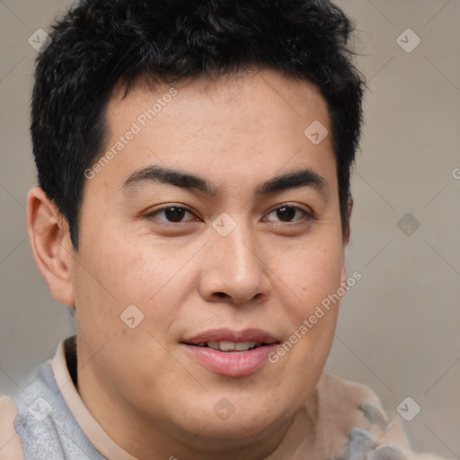 Joyful latino young-adult male with short  brown hair and brown eyes