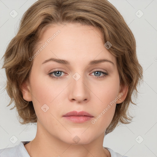 Neutral white young-adult female with medium  brown hair and grey eyes