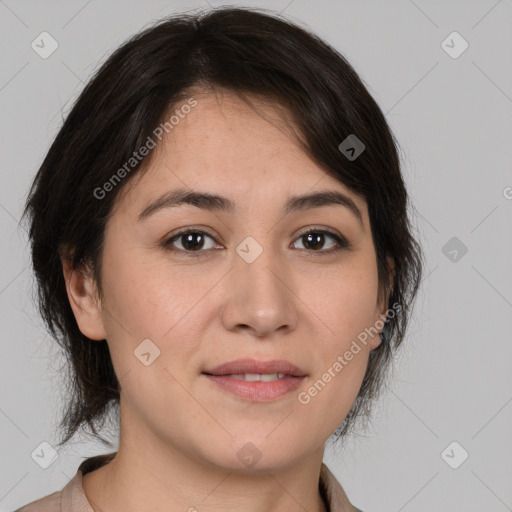 Joyful white young-adult female with medium  brown hair and brown eyes