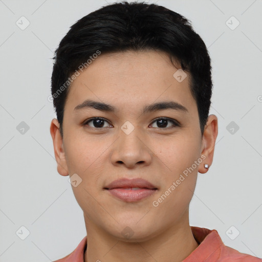 Joyful asian young-adult female with short  brown hair and brown eyes