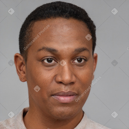 Neutral black young-adult female with short  brown hair and brown eyes