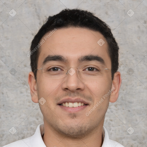 Joyful white young-adult male with short  black hair and brown eyes