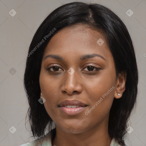 Joyful asian young-adult female with medium  black hair and brown eyes