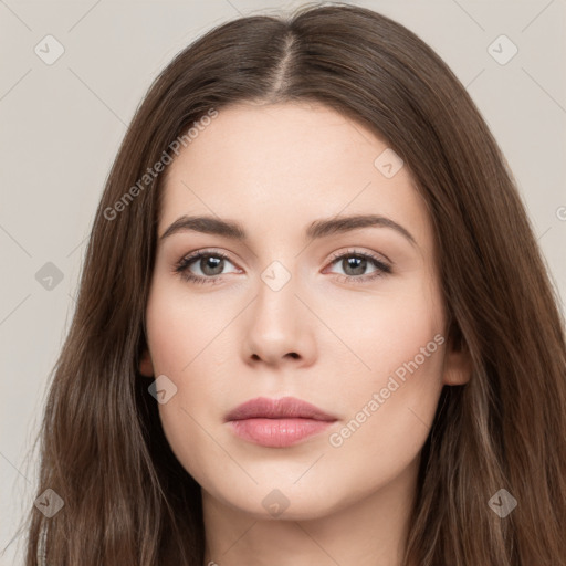 Neutral white young-adult female with long  brown hair and brown eyes