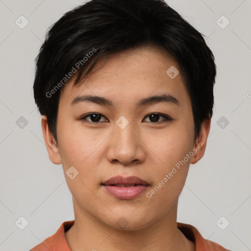 Neutral asian young-adult female with short  black hair and brown eyes