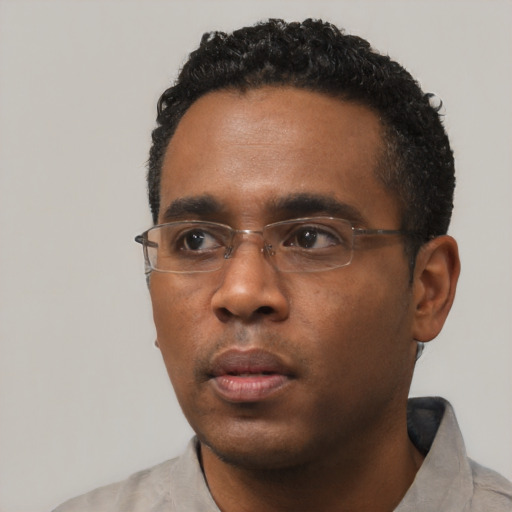 Neutral black young-adult male with short  black hair and brown eyes