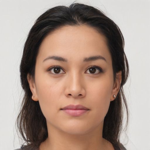 Neutral asian young-adult female with medium  brown hair and brown eyes