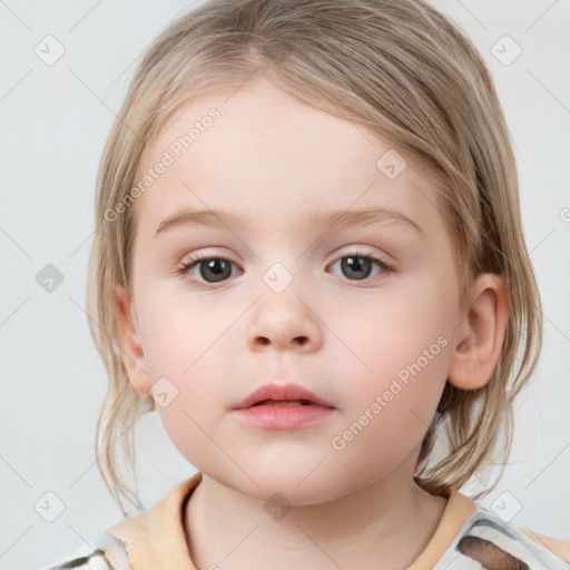 Neutral white child female with medium  brown hair and grey eyes