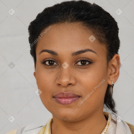 Joyful latino young-adult female with short  brown hair and brown eyes