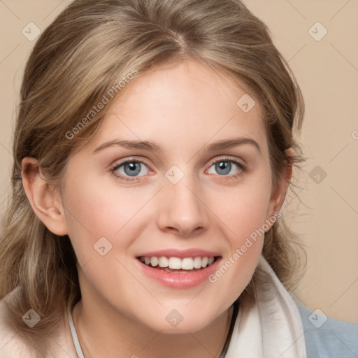 Joyful white young-adult female with medium  brown hair and blue eyes