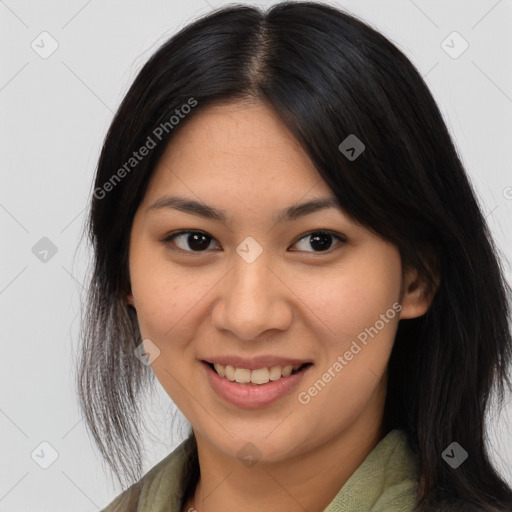 Joyful asian young-adult female with medium  brown hair and brown eyes