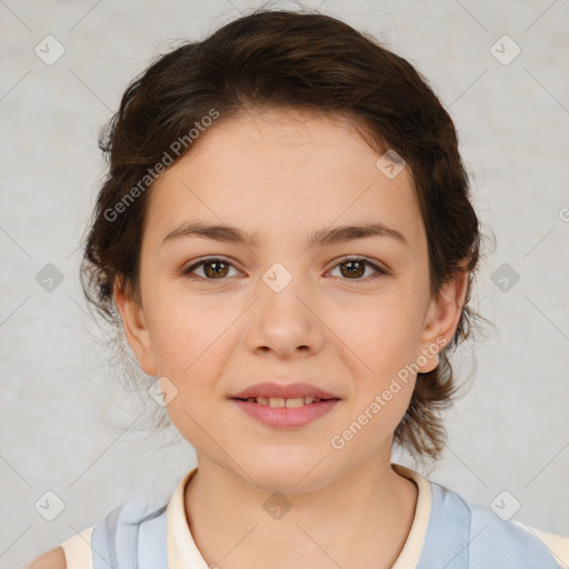 Joyful white child female with medium  brown hair and brown eyes