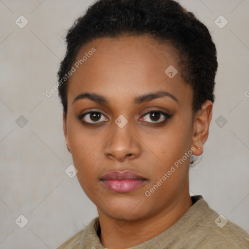 Neutral black young-adult female with short  black hair and brown eyes