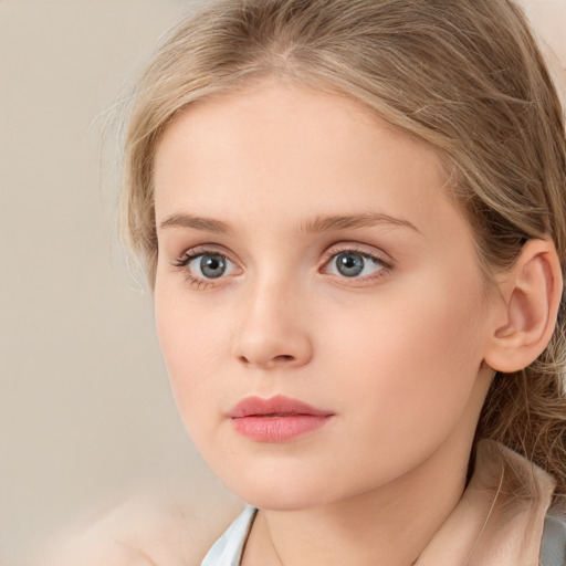 Neutral white young-adult female with long  brown hair and blue eyes