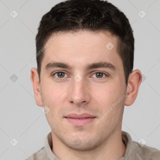 Neutral white young-adult male with short  brown hair and brown eyes