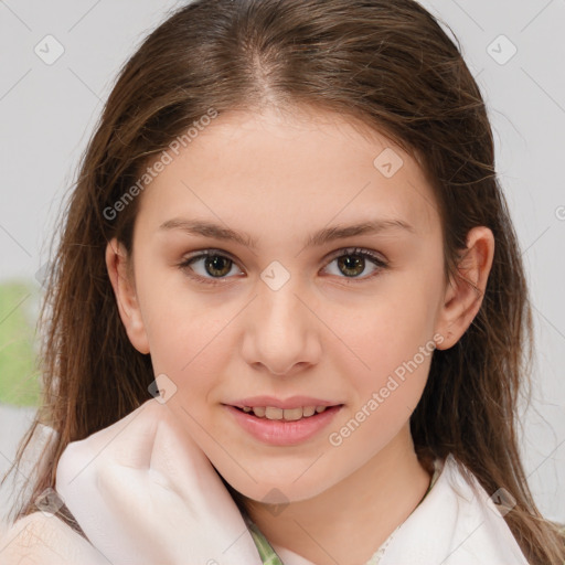 Joyful white child female with medium  brown hair and brown eyes