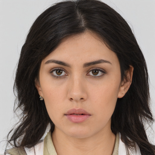 Neutral asian young-adult female with long  brown hair and brown eyes