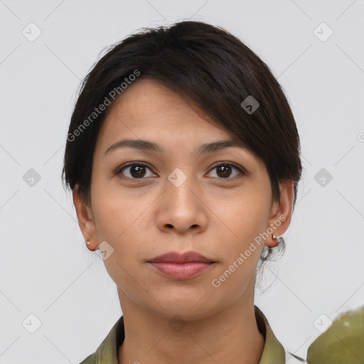 Neutral asian young-adult female with medium  brown hair and brown eyes