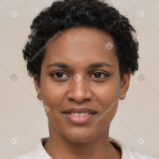 Joyful latino young-adult female with short  black hair and brown eyes