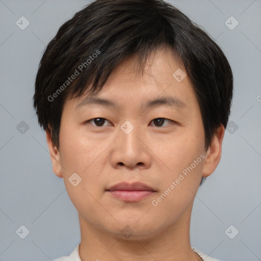 Neutral asian young-adult male with short  brown hair and brown eyes