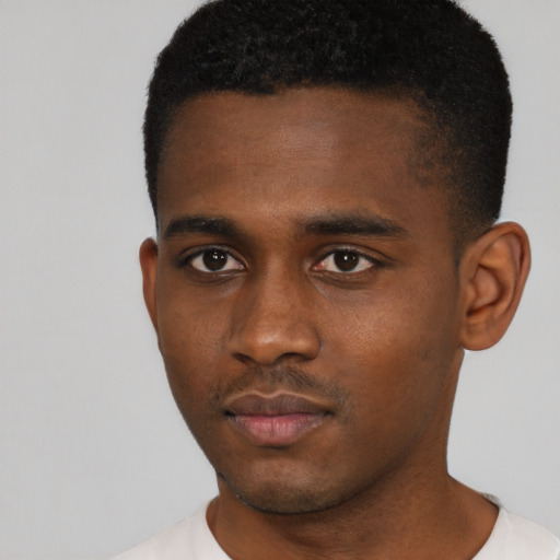 Neutral black young-adult male with short  black hair and brown eyes