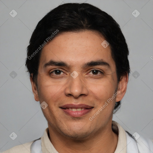 Joyful latino young-adult male with short  black hair and brown eyes