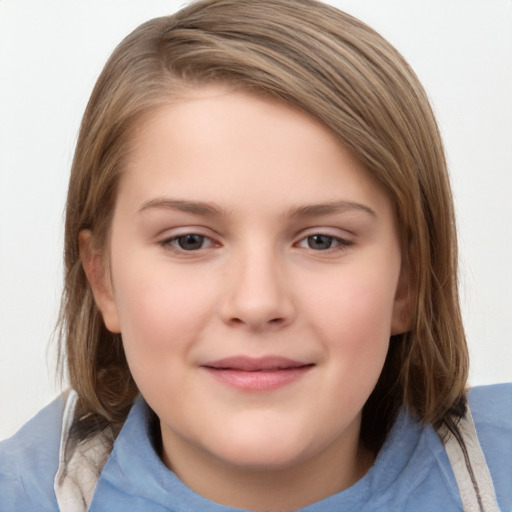 Joyful white child female with medium  brown hair and grey eyes