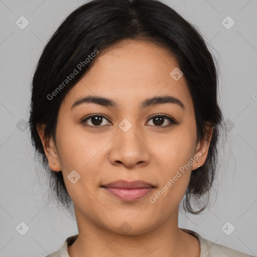 Joyful asian young-adult female with medium  black hair and brown eyes