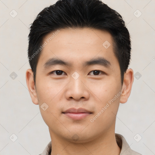 Neutral asian young-adult male with short  black hair and brown eyes