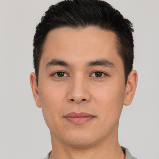 Neutral white young-adult male with short  black hair and brown eyes