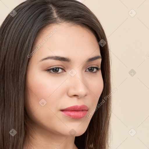 Neutral white young-adult female with long  brown hair and brown eyes