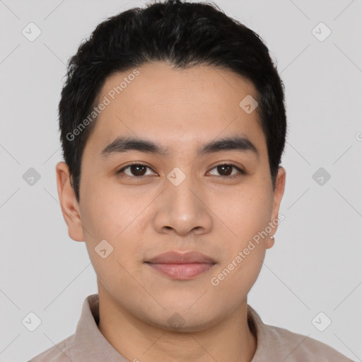 Neutral asian young-adult male with short  black hair and brown eyes