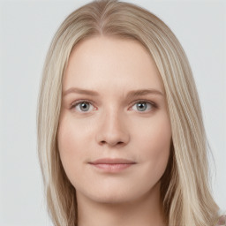 Neutral white young-adult female with long  brown hair and grey eyes