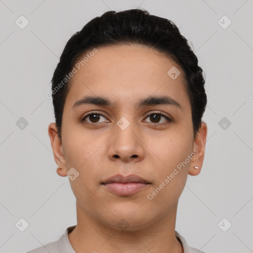 Neutral latino young-adult male with short  black hair and brown eyes