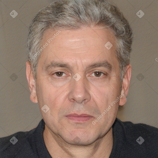 Neutral white middle-aged male with short  brown hair and brown eyes