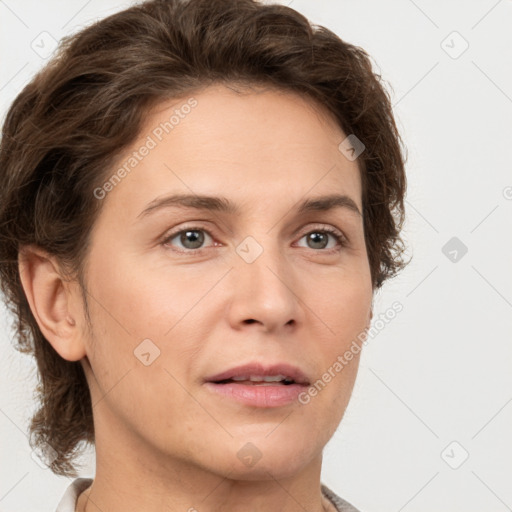 Neutral white young-adult female with short  brown hair and brown eyes