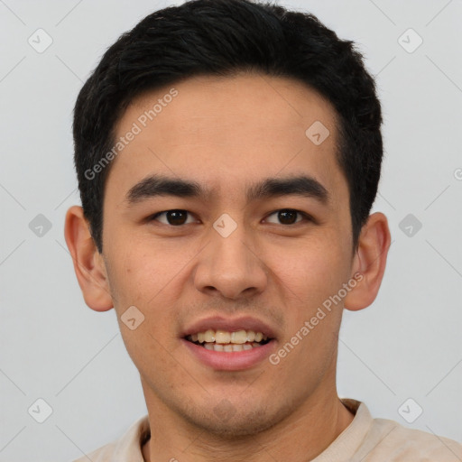 Joyful white young-adult male with short  black hair and brown eyes