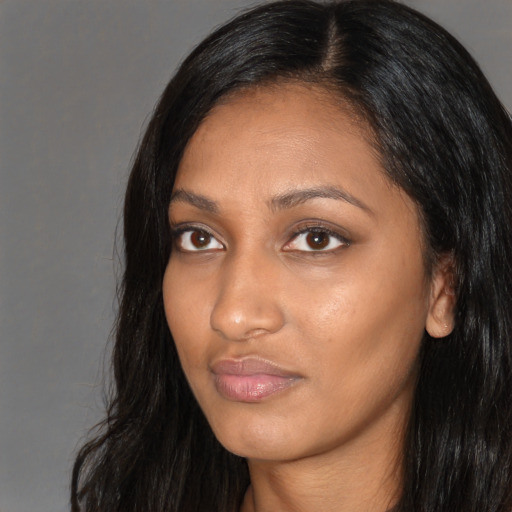 Neutral asian young-adult female with long  black hair and brown eyes