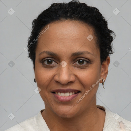 Joyful latino young-adult female with short  brown hair and brown eyes